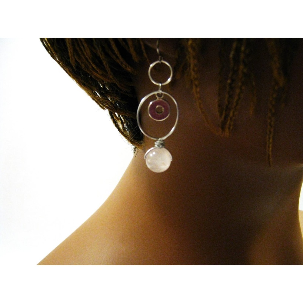 Genuine Rose Quartz Silver Steel Hammered Hoop Gemstone Drop Earrings 1.5 inch